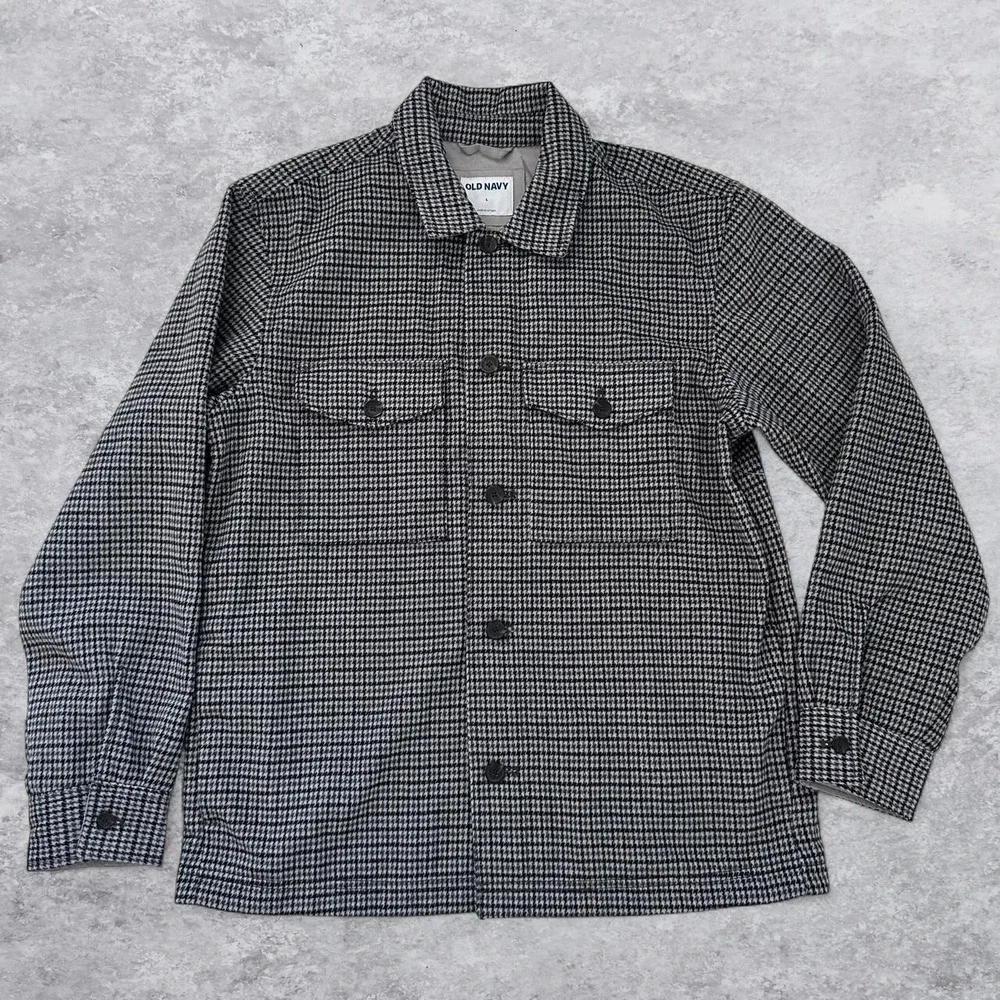 NWOT Old Navy Mens Grey Houndstooth Button Front Lined Shirt Jacket Shacket L